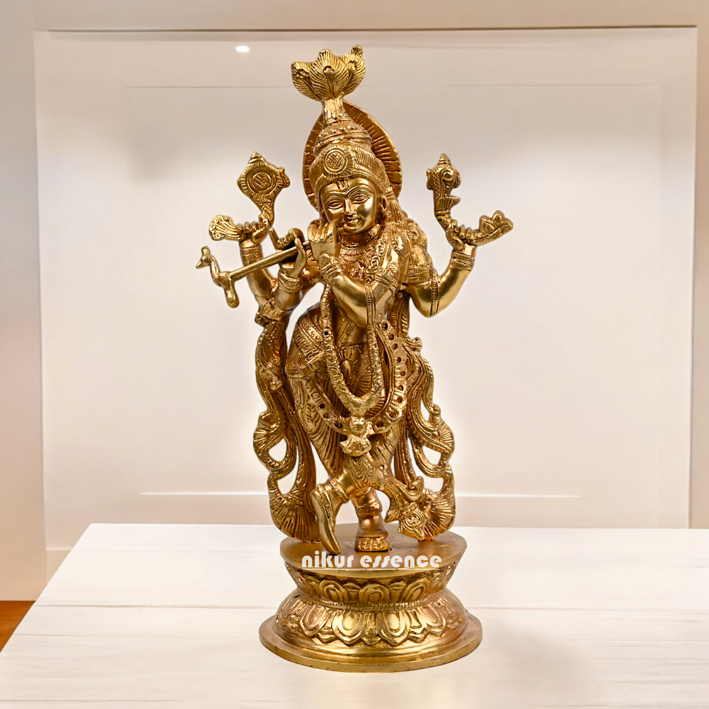 Solid Brass Krishna murli with Playing Flute Idol - 11.811 inches Nikuressence