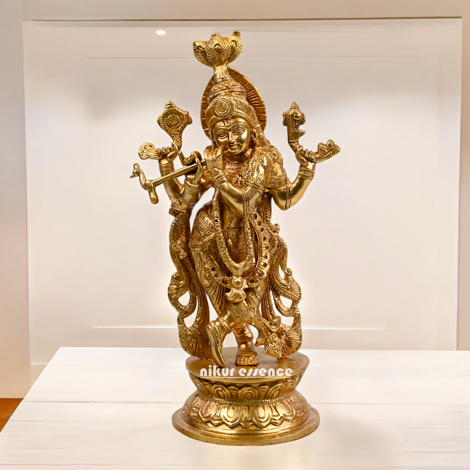 Solid Brass Krishna murli with Playing Flute Idol - 11.811 inches Nikuressence