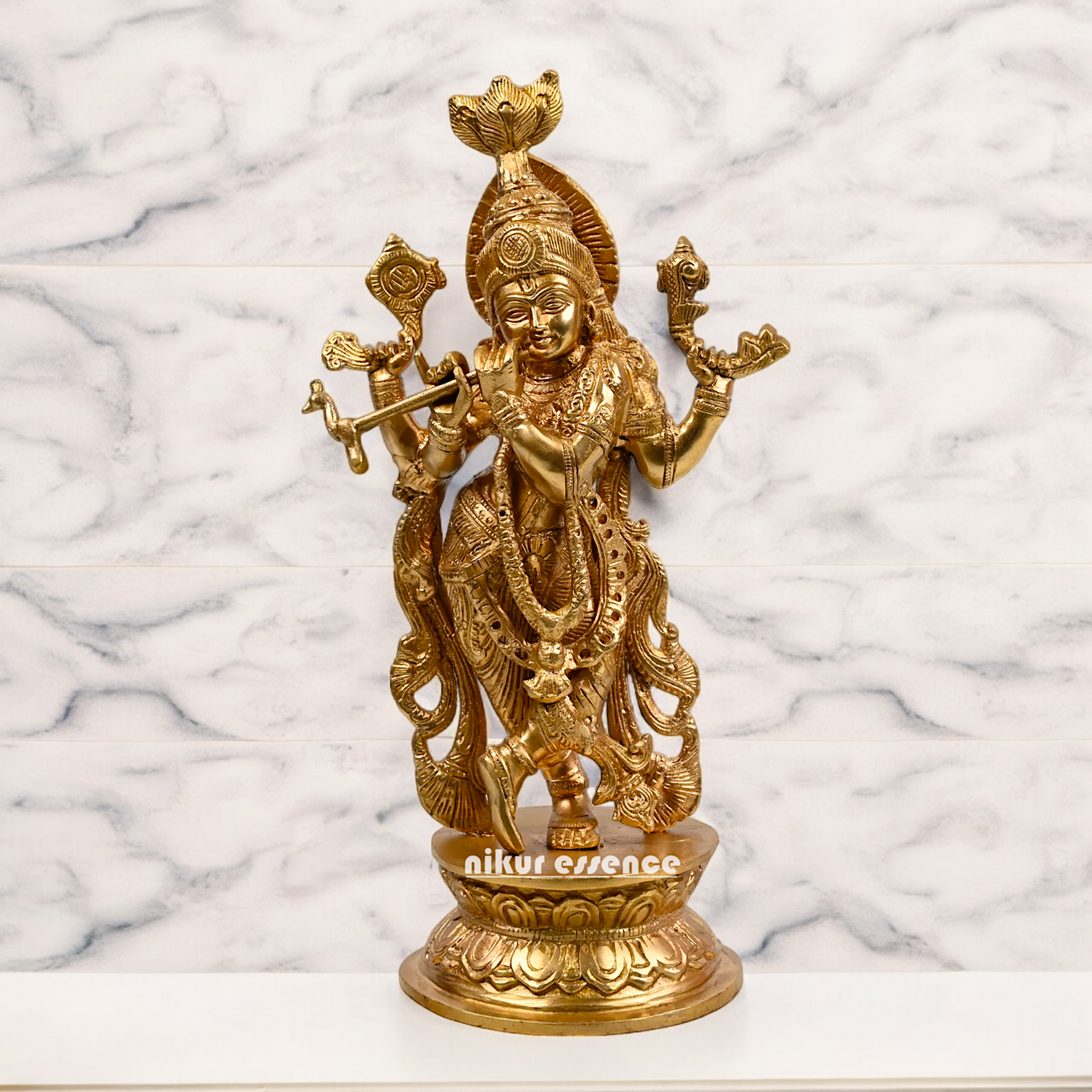 Solid Brass Krishna murli with Playing Flute Idol - 11.811 inches Nikuressence