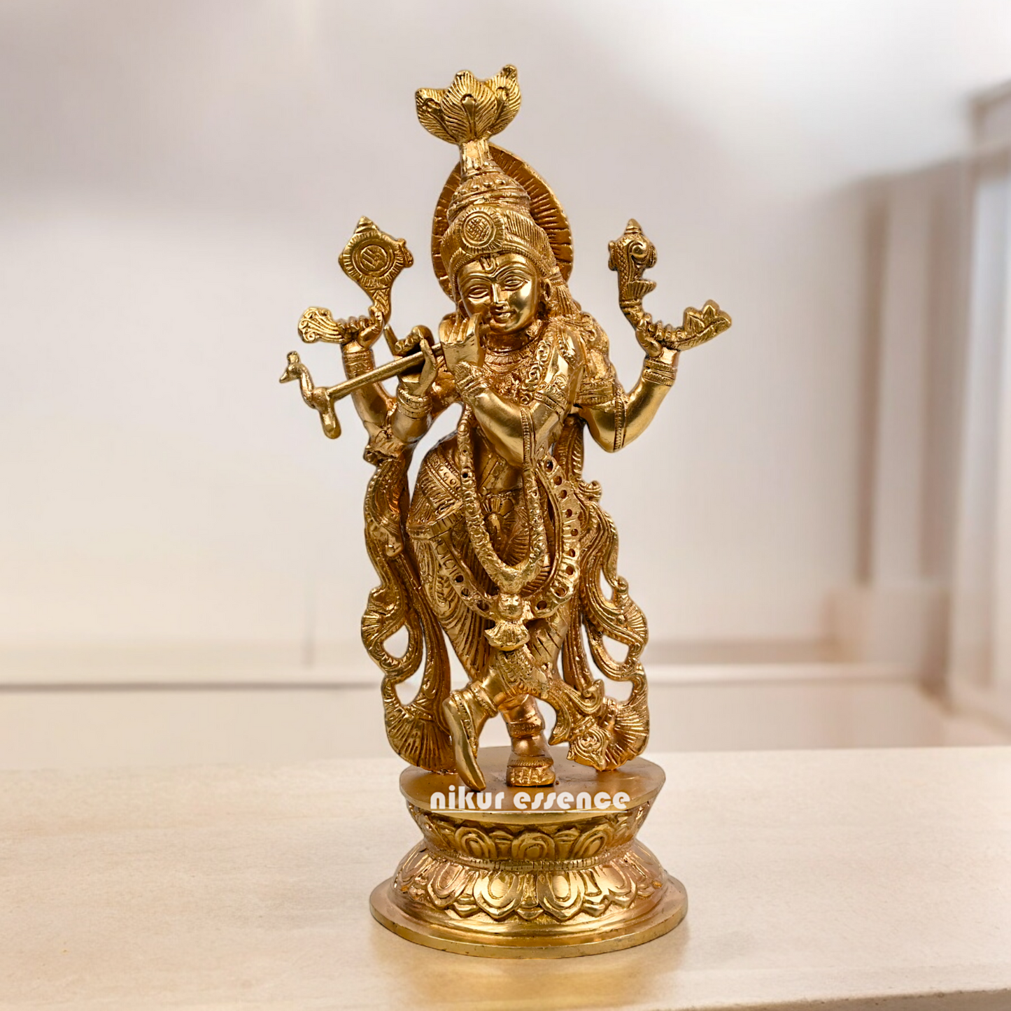 Solid Brass Krishna murli with Playing Flute Idol - 11.811 inches Nikuressence