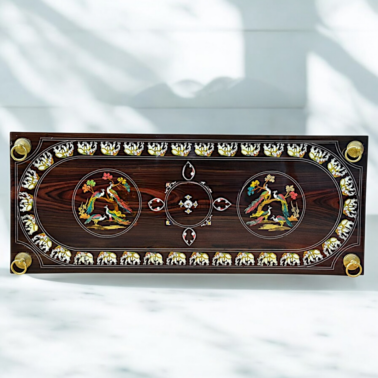 Handcrafted Rosewood Oonjal (Jhula/Swing) – 5ft Traditional Wooden Swing with 7ft Brass Chains & Intricate Peacock & Elephant Inlay | Available Worldwide Nikuressence