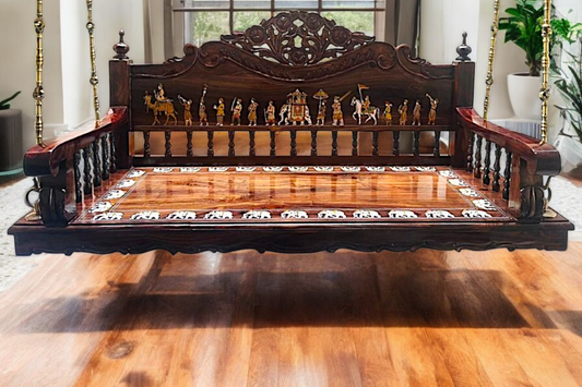 Handcrafted Carved Solid Rosewood Oonjal | 5ft Stylish Wooden Swing (60” x 24” x 24”) with 7ft Brass Chains & Royal Procession Inlay Nikuressence