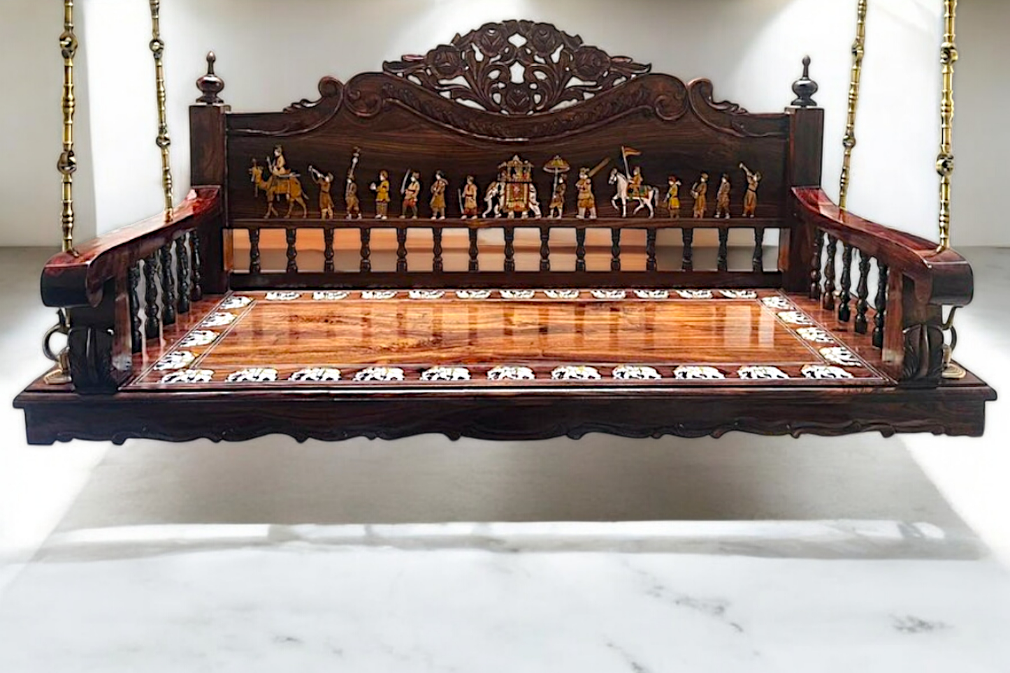 Handcrafted Rosewood Oonjal (Jhula/Swing) – 5ft Traditional Wooden Swing with 7ft Brass Chains & Royal Procession Inlay | Available Worldwide – USA, Canada, Europe, Asia, Oceania, Africa & South America Nikuressence