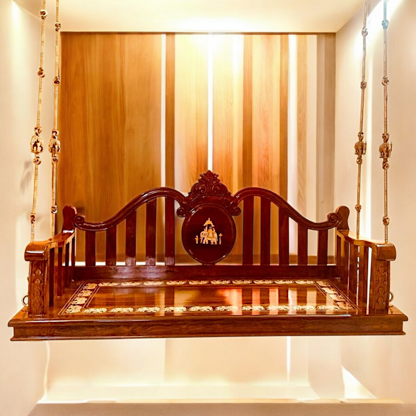 Indian Handcrafted Rosewood Oonjal (Jhula/Swing) – 5ft Traditional Wooden Swing with 7ft Brass Chains | Available Worldwide-Nikur Essence Nikuressence