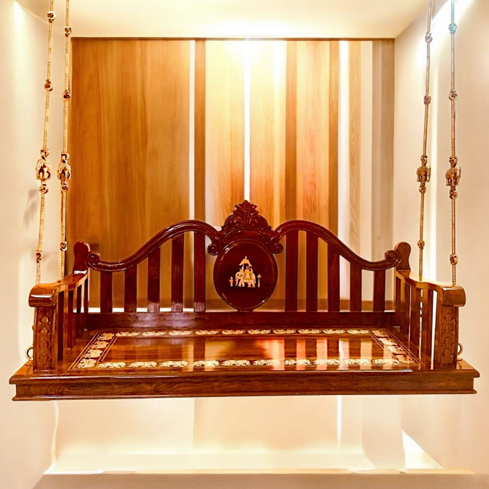 Indian Handcrafted Rosewood Oonjal (Jhula/Swing) – 5ft Traditional Wooden Swing with 7ft Brass Chains | Available Worldwide-Nikur Essence Nikuressence