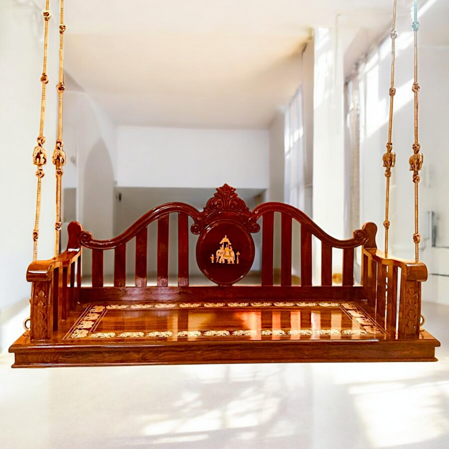 Indian Handcrafted Rosewood Oonjal (Jhula/Swing) – 5ft Traditional Wooden Swing with 7ft Brass Chains | Available Worldwide-Nikur Essence Nikuressence