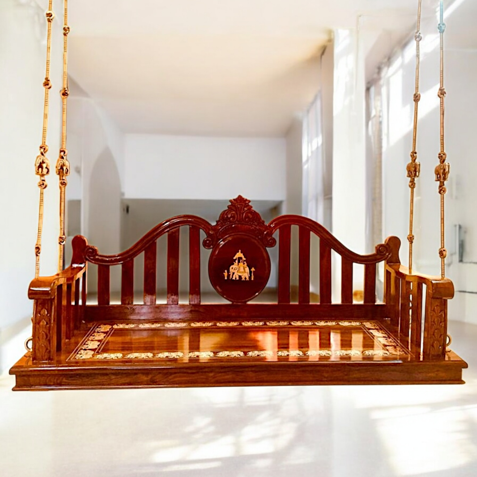 Indian Handcrafted Rosewood Oonjal (Jhula/Swing) – 5ft Traditional Wooden Swing with 7ft Brass Chains | Available Worldwide-Nikur Essence Nikuressence