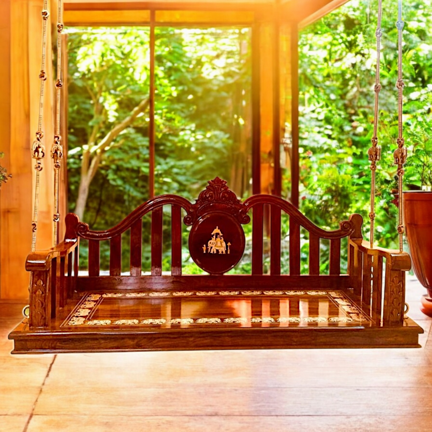 Indian Handcrafted Rosewood Oonjal (Jhula/Swing) – 5ft Traditional Wooden Swing with 7ft Brass Chains | Available Worldwide-Nikur Essence Nikuressence