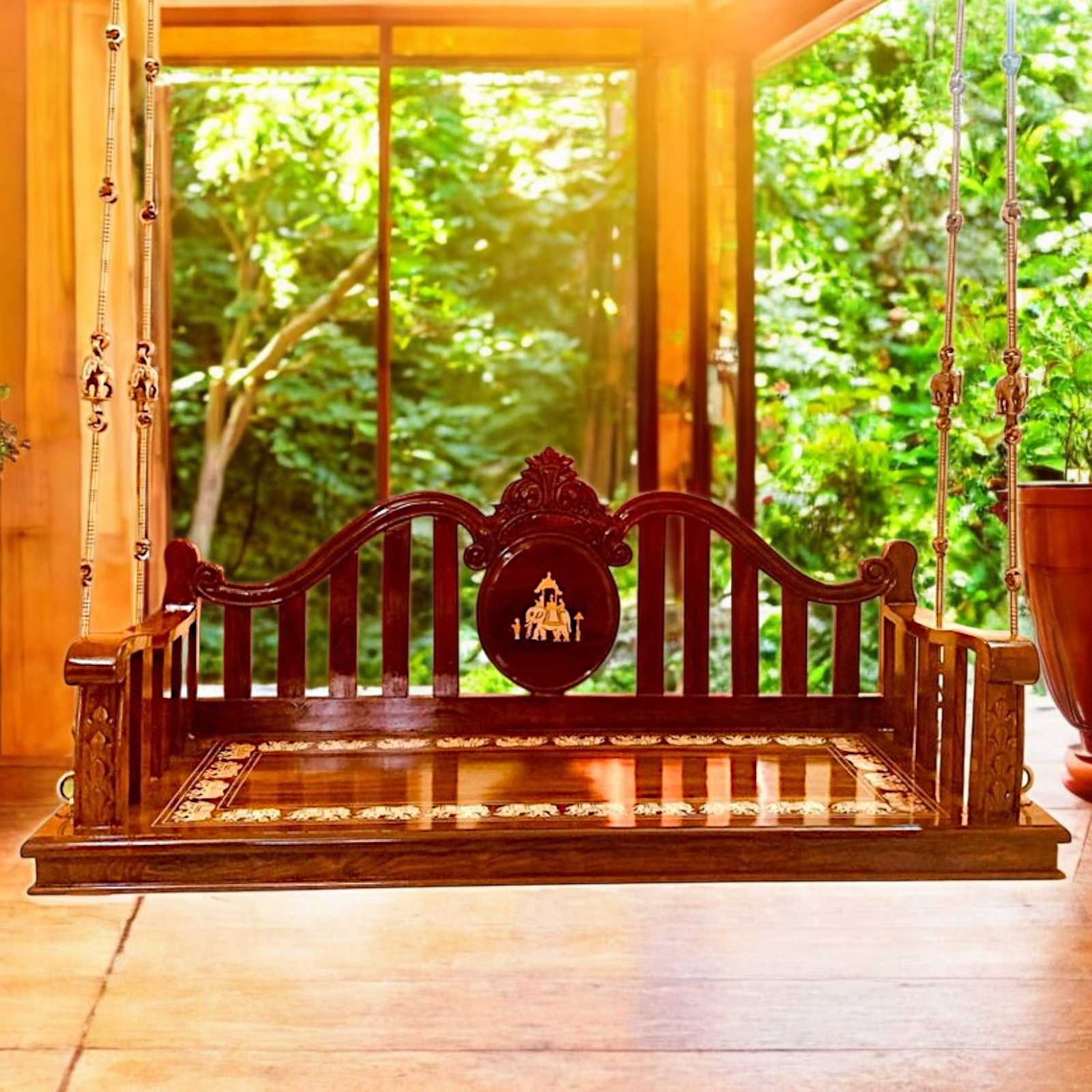 Indian Handcrafted Rosewood Oonjal (Jhula/Swing) – 5ft Traditional Wooden Swing with 7ft Brass Chains | Available Worldwide-Nikur Essence Nikuressence