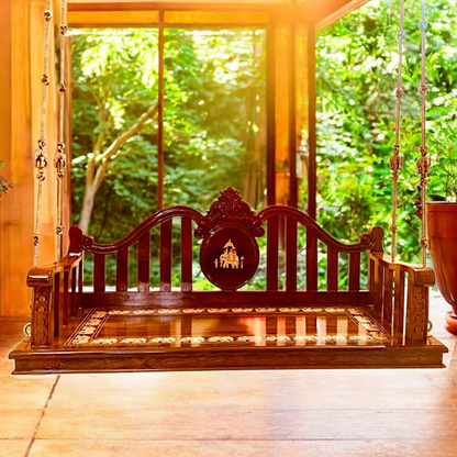 Indian Handcrafted Rosewood Oonjal (Jhula/Swing) – 5ft Traditional Wooden Swing with 7ft Brass Chains | Available Worldwide-Nikur Essence Nikuressence