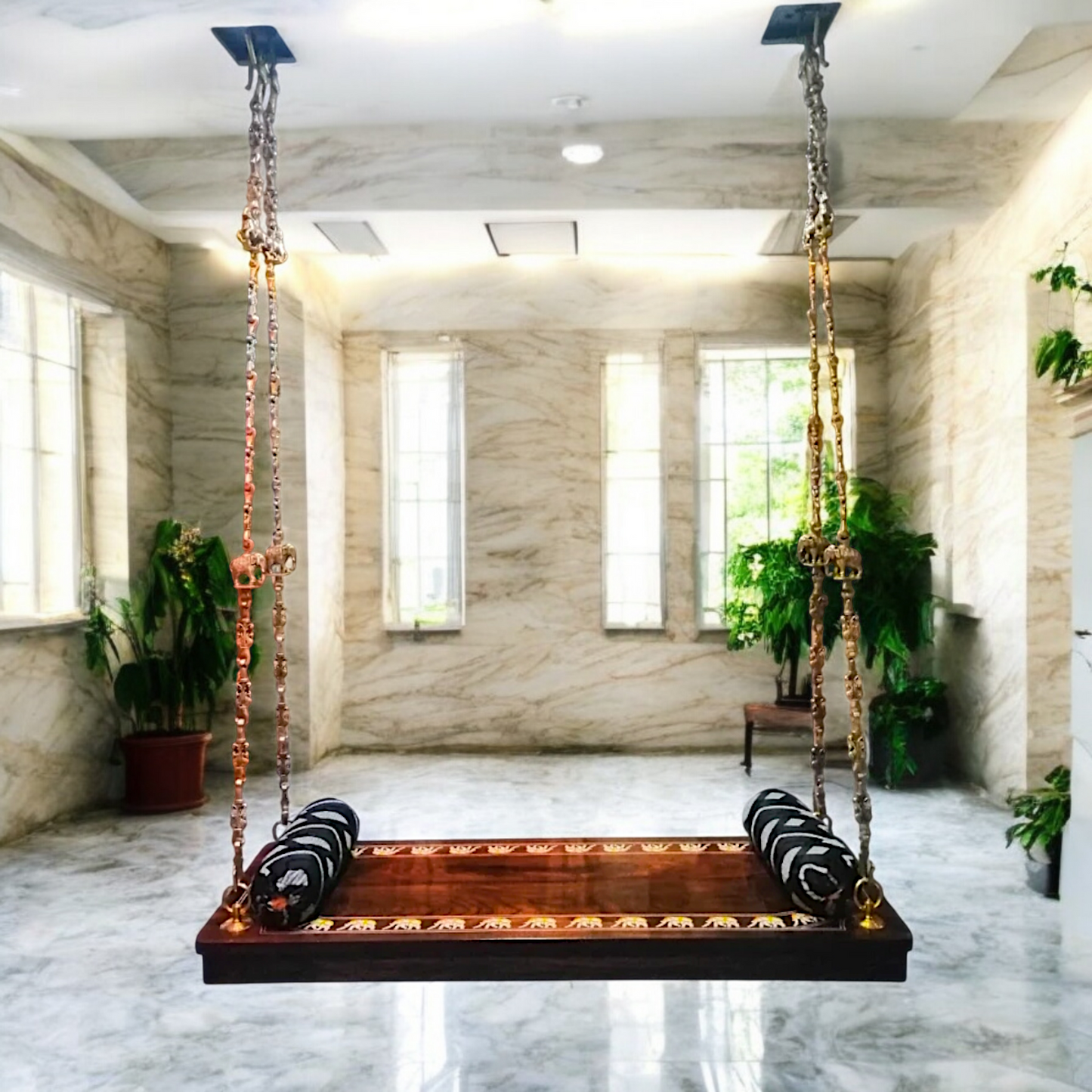 Indian Rosewood Oonjal (Jhula/Swing) – 5ft Traditional Wooden Swing with 7ft Brass Chains & Elegant Inlay Work | Available Worldwide Nikuressence