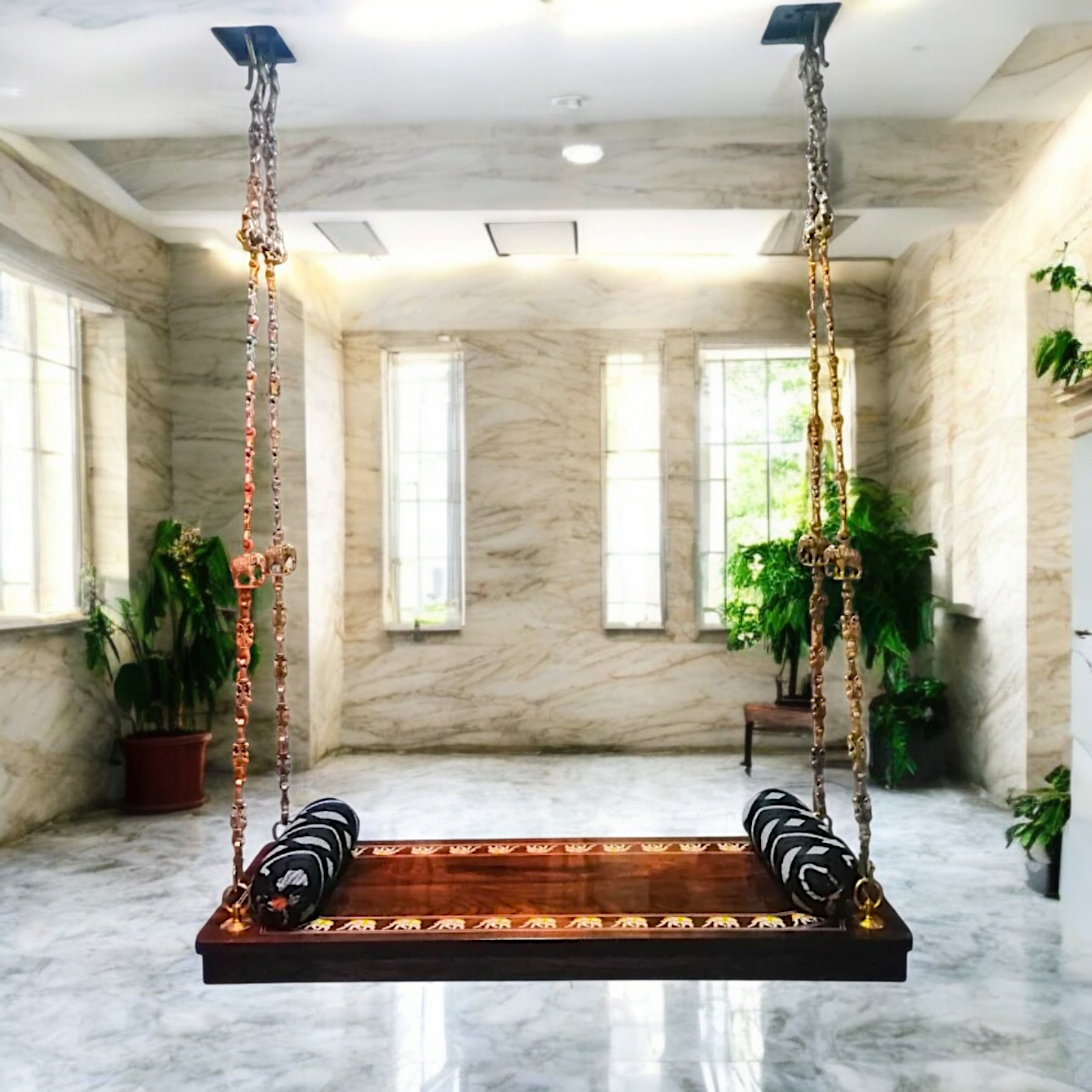 Indian Rosewood Oonjal (Jhula/Swing) – 5ft Traditional Wooden Swing with 7ft Brass Chains & Elegant Inlay Work | Available Worldwide Nikuressence