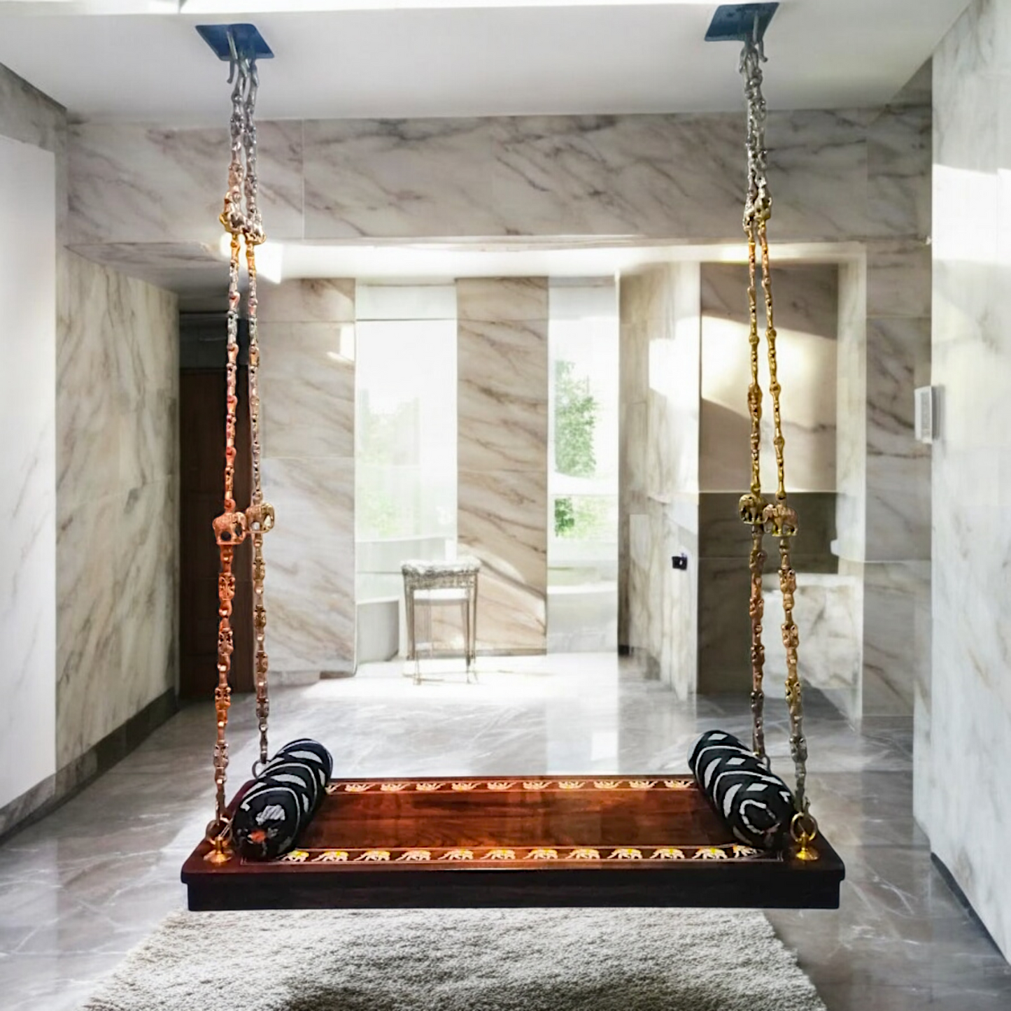 Indian Rosewood Oonjal (Jhula/Swing) – 5ft Traditional Wooden Swing with 7ft Brass Chains & Elegant Inlay Work | Available Worldwide Nikuressence