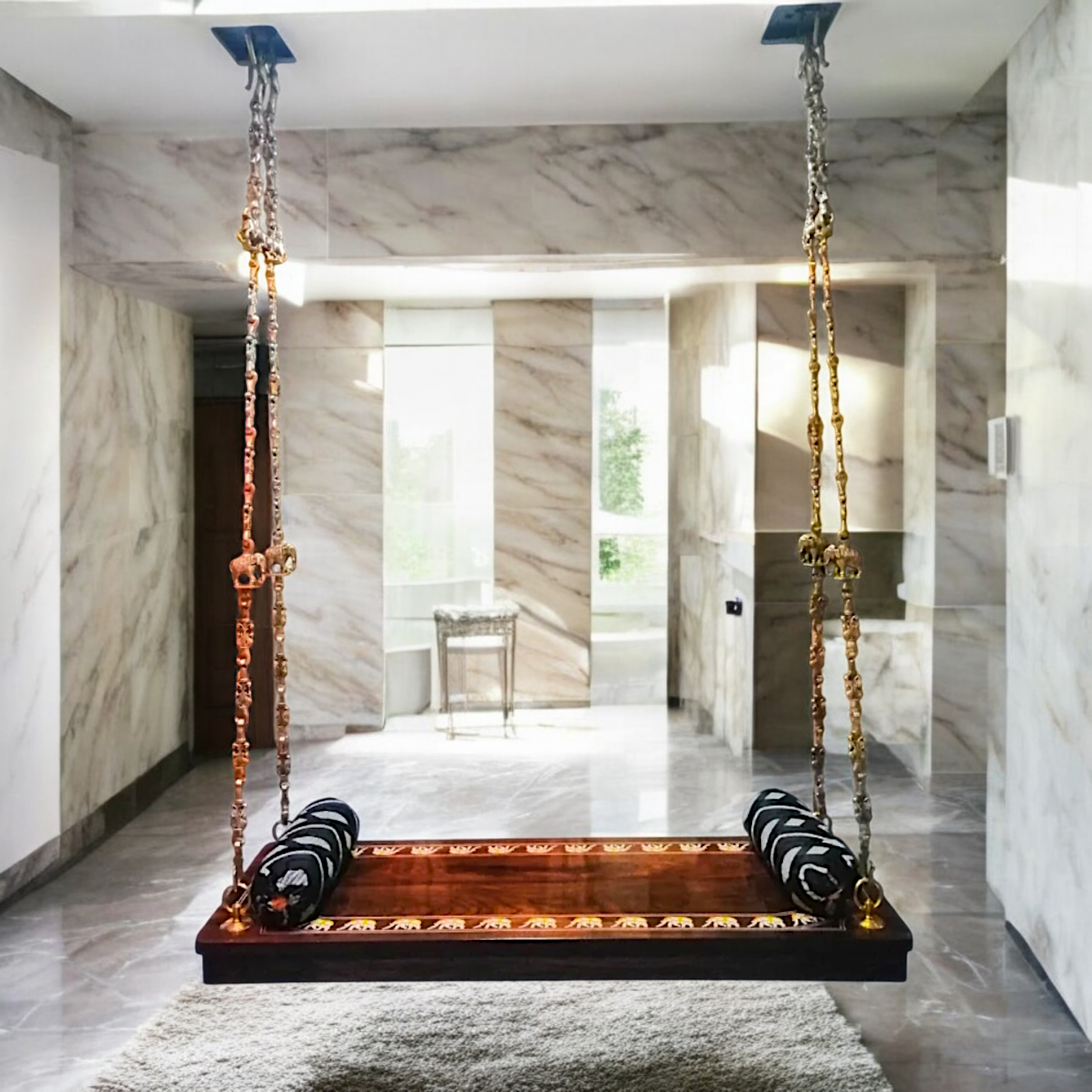 Indian Rosewood Oonjal (Jhula/Swing) – 5ft Traditional Wooden Swing with 7ft Brass Chains & Elegant Inlay Work | Available Worldwide Nikuressence