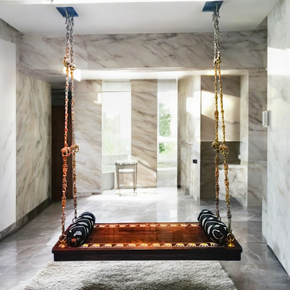 Indian Rosewood Oonjal (Jhula/Swing) – 5ft Traditional Wooden Swing with 7ft Brass Chains & Elegant Inlay Work | Available Worldwide Nikuressence