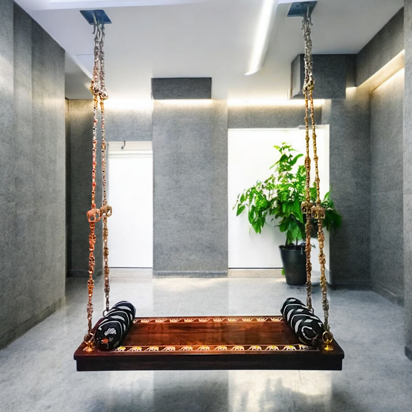 Indian Rosewood Oonjal (Jhula/Swing) – 5ft Traditional Wooden Swing with 7ft Brass Chains & Elegant Inlay Work | Available Worldwide Nikuressence