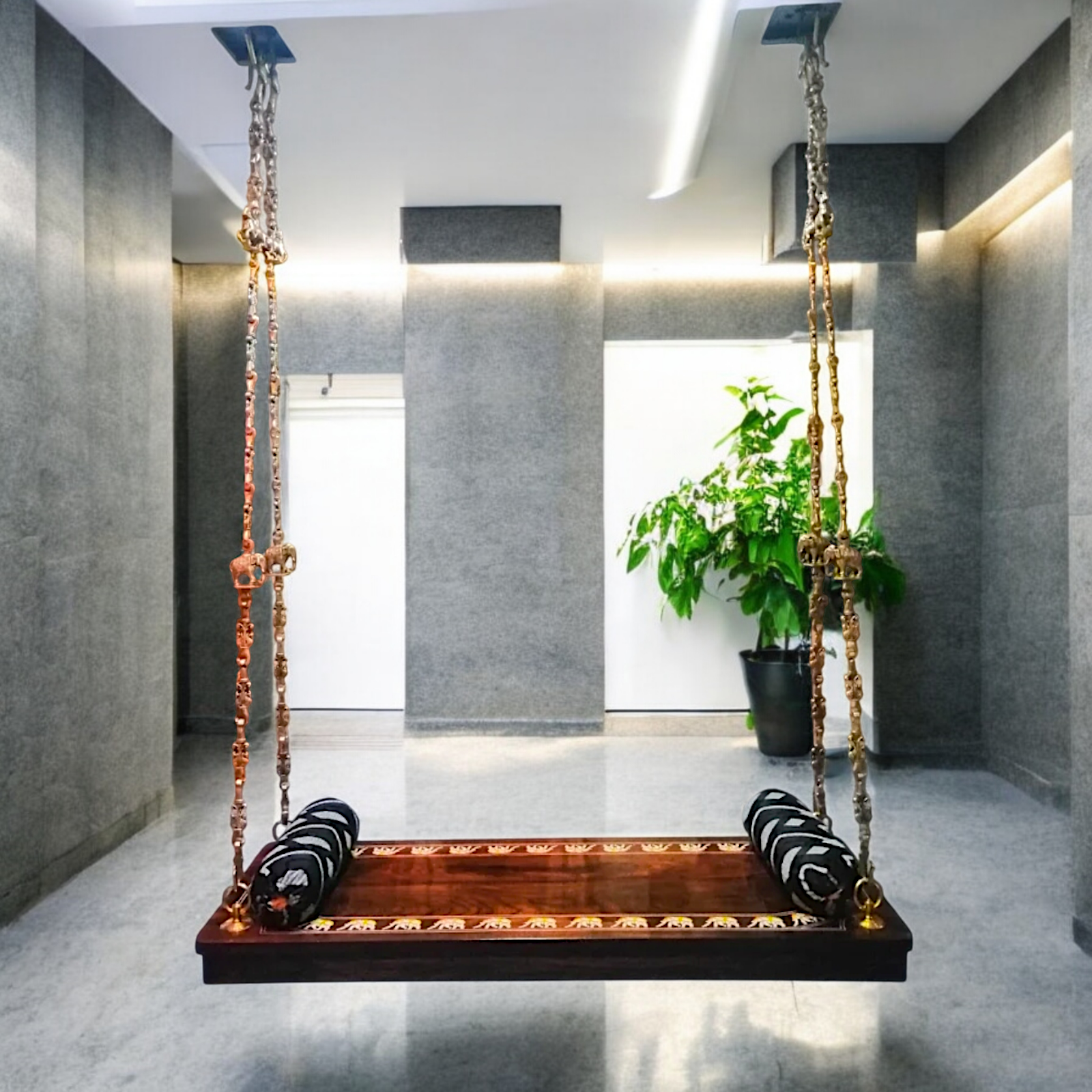 Indian Rosewood Oonjal (Jhula/Swing) – 5ft Traditional Wooden Swing with 7ft Brass Chains & Elegant Inlay Work | Available Worldwide Nikuressence