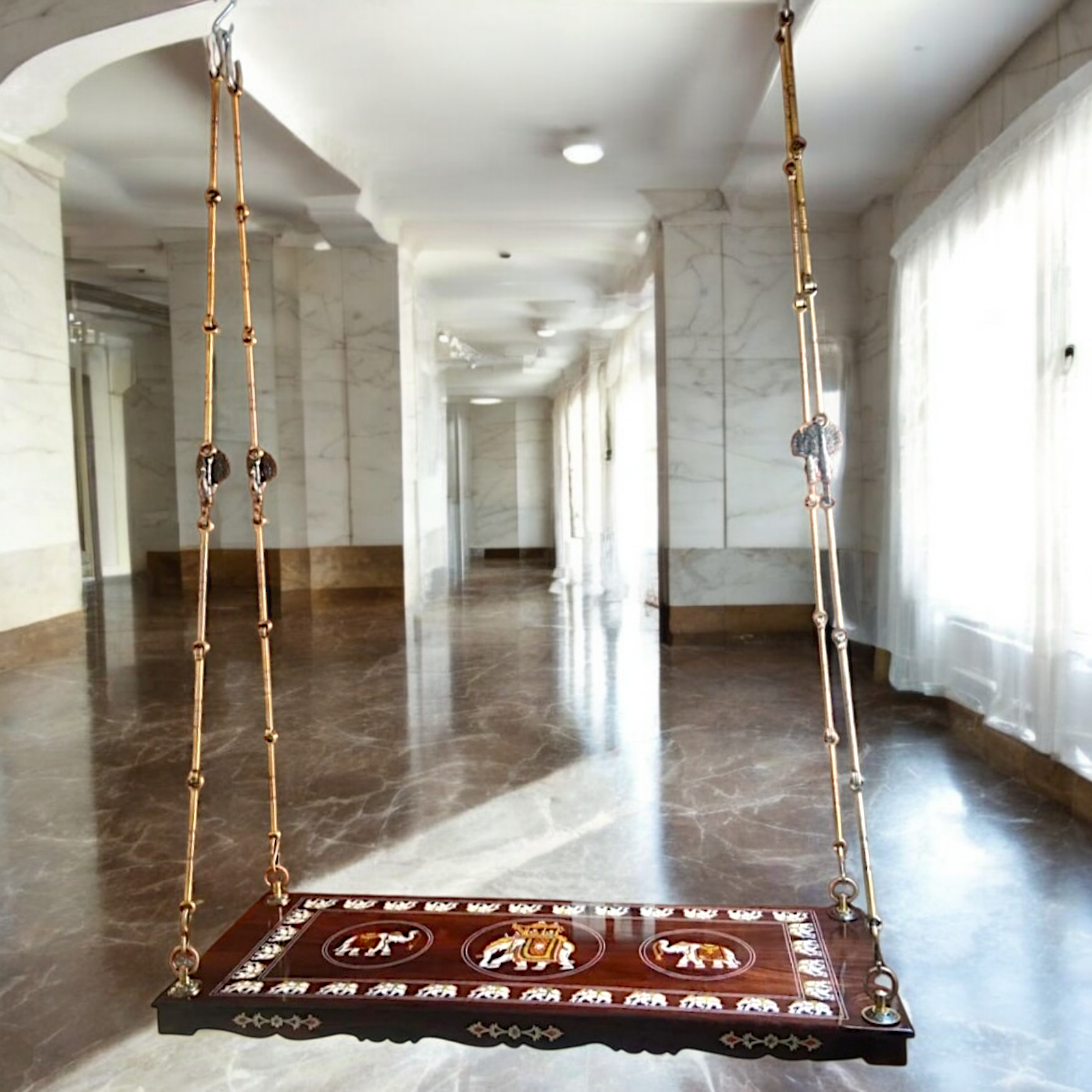 Handcrafted Rosewood Oonjal (Jhula/Swing) – 5ft Traditional Wooden Swing with 7ft Brass Chains. Available in the USA, UK, Australia & worldwide Nikuressence