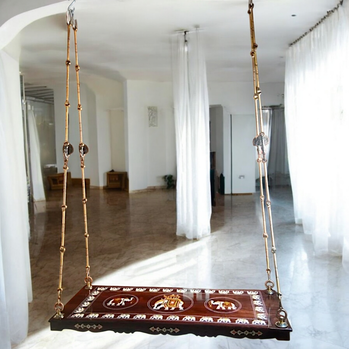 Handcrafted Rosewood Oonjal (Jhula/Swing) – 5ft Traditional Wooden Swing with 7ft Brass Chains. Available in the USA, UK, Australia & worldwide Nikuressence