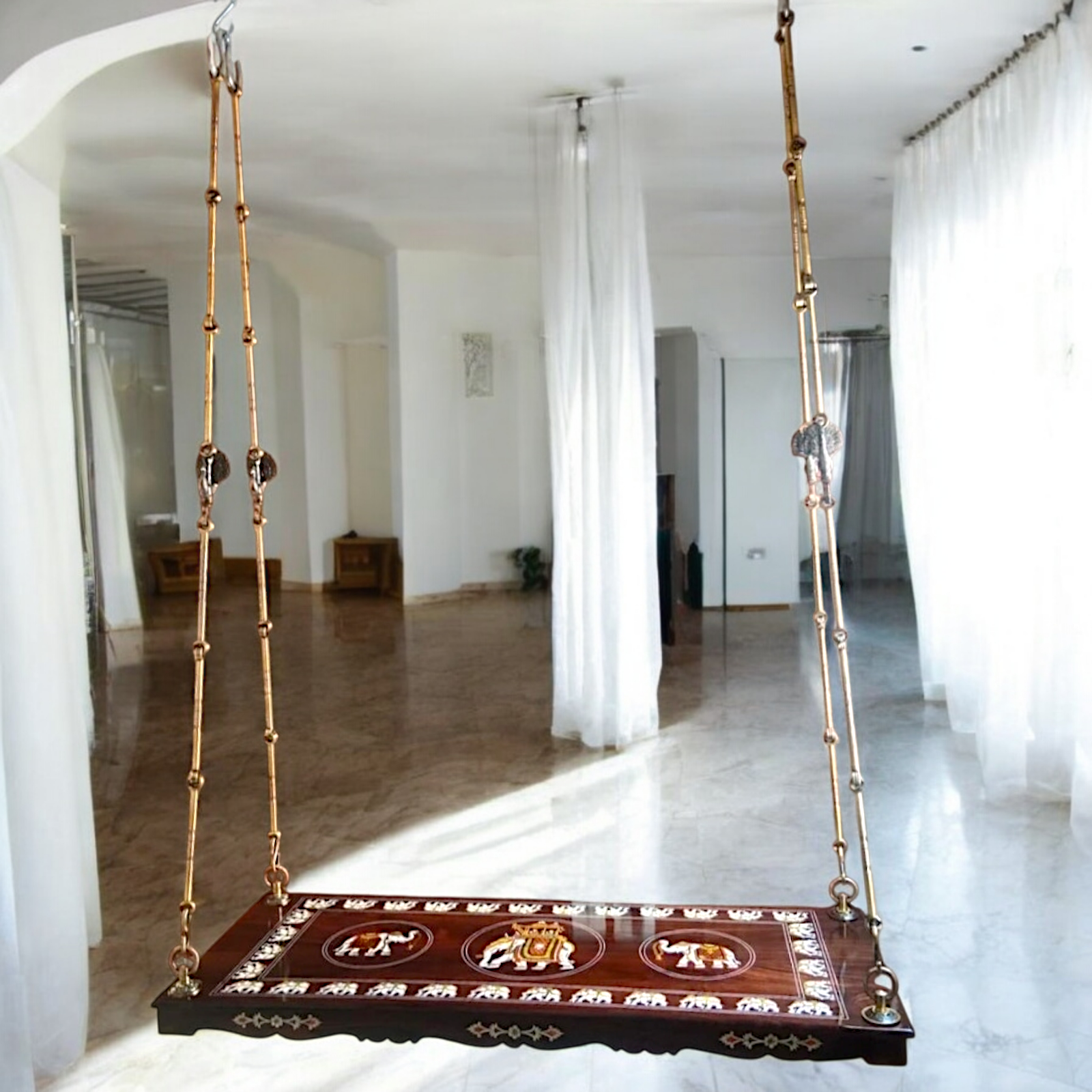 Handcrafted Rosewood Oonjal (Jhula/Swing) – 5ft Traditional Wooden Swing with 7ft Brass Chains. Available in the USA, UK, Australia & worldwide Nikuressence