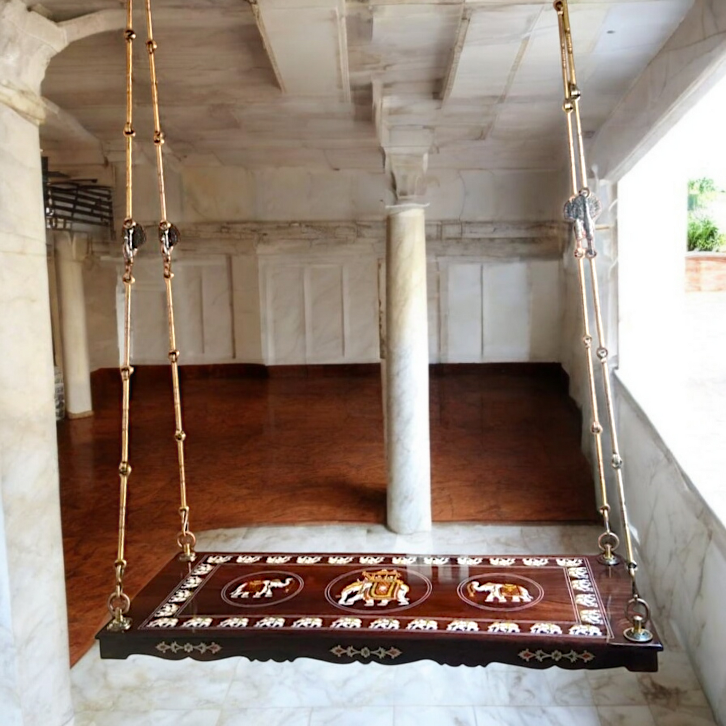 Handcrafted Rosewood Oonjal (Jhula/Swing) – 5ft Traditional Wooden Swing with 7ft Brass Chains. Available in the USA, UK, Australia & worldwide Nikuressence