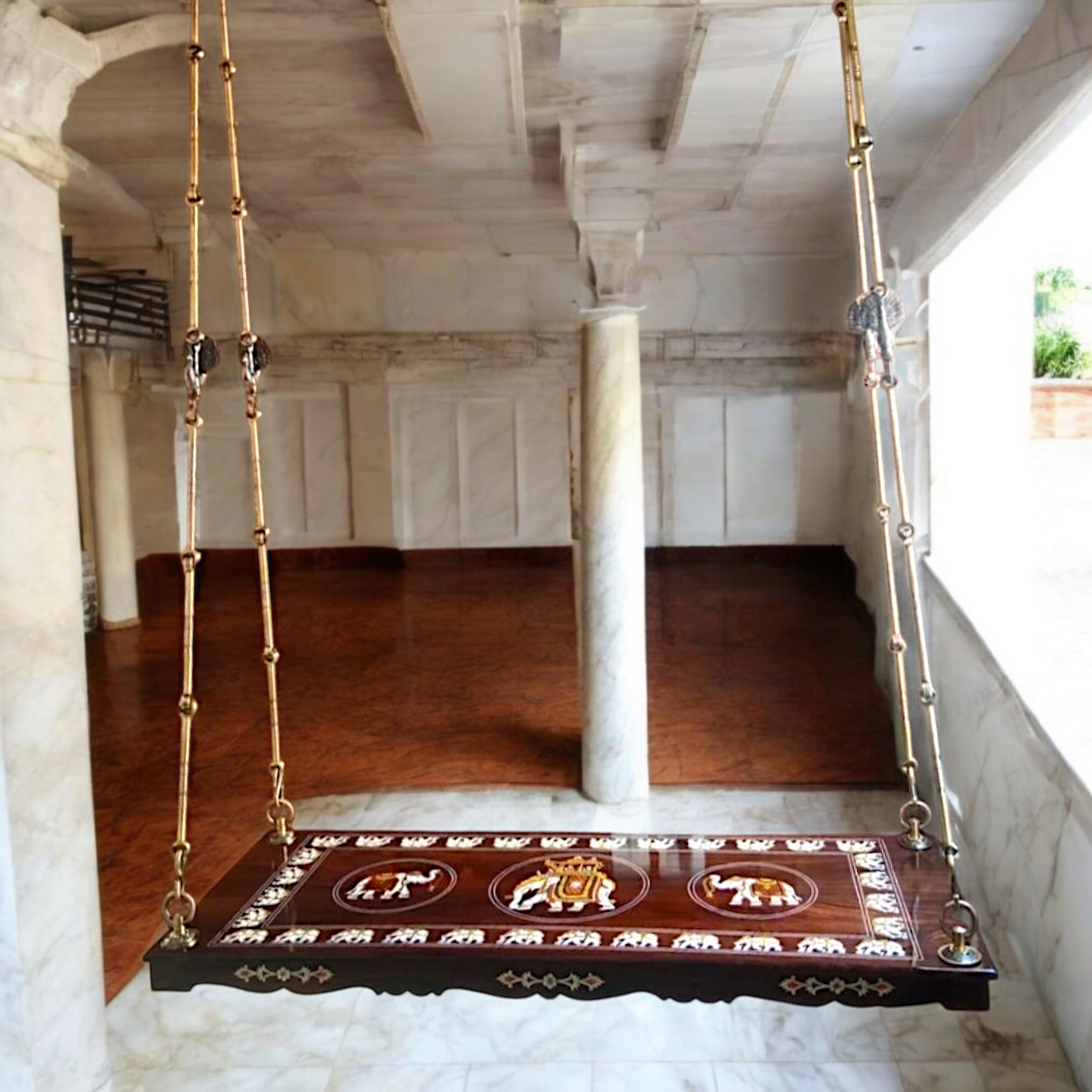 Handcrafted Rosewood Oonjal (Jhula/Swing) – 5ft Traditional Wooden Swing with 7ft Brass Chains. Available in the USA, UK, Australia & worldwide Nikuressence