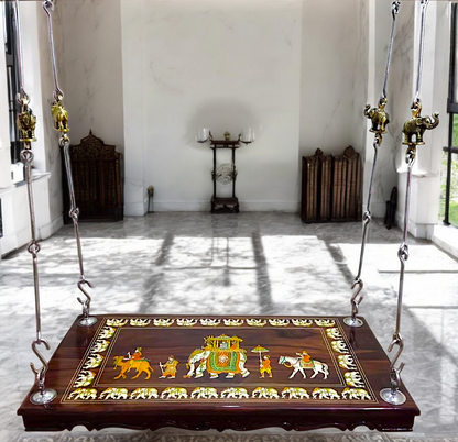 Handcrafted Rosewood Jhoola – 5ft Traditional Wooden Swing with 7ft Brass Chains & Royal Procession Inlay | Now Available in the USA, UK & Australia Nikuressence