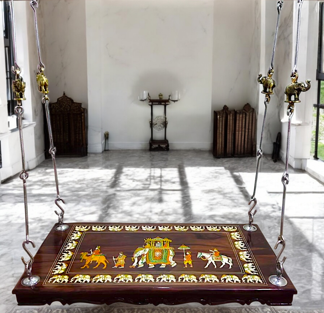 Handcrafted Rosewood Jhoola – 5ft Traditional Wooden Swing with 7ft Brass Chains & Royal Procession Inlay | Now Available in the USA, UK & Australia Nikuressence