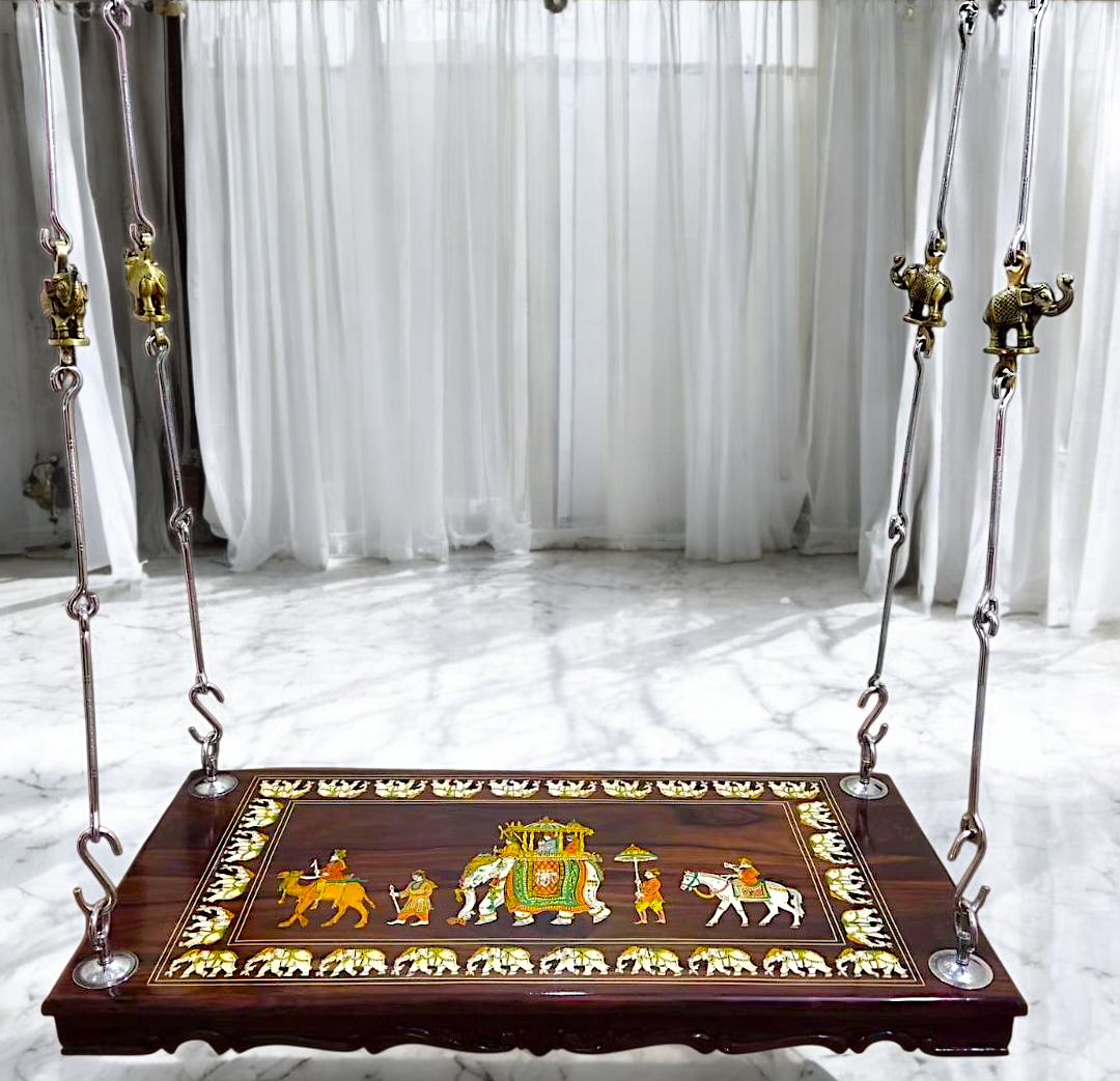 Handcrafted Rosewood Jhoola – 5ft Traditional Wooden Swing with 7ft Brass Chains & Royal Procession Inlay | Now Available in the USA, UK & Australia Nikuressence