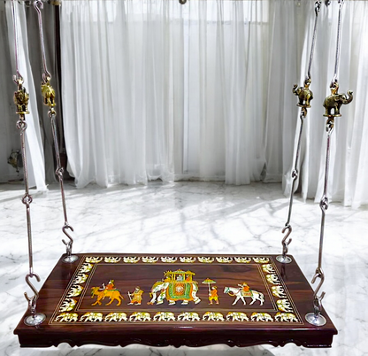 Handcrafted Rosewood Jhoola – 5ft Traditional Wooden Swing with 7ft Brass Chains & Royal Procession Inlay | Now Available in the USA, UK & Australia Nikuressence