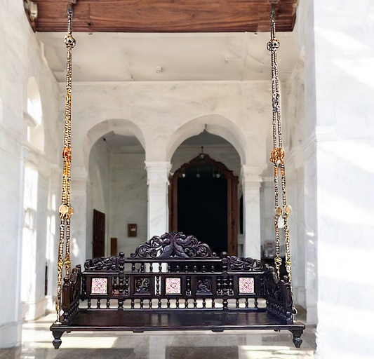 Handcrafted Rosewood Swing (Jhula/Oonjal) – 5feet Traditional Wooden Swing with 7 feet Brass Chains Nikuressence