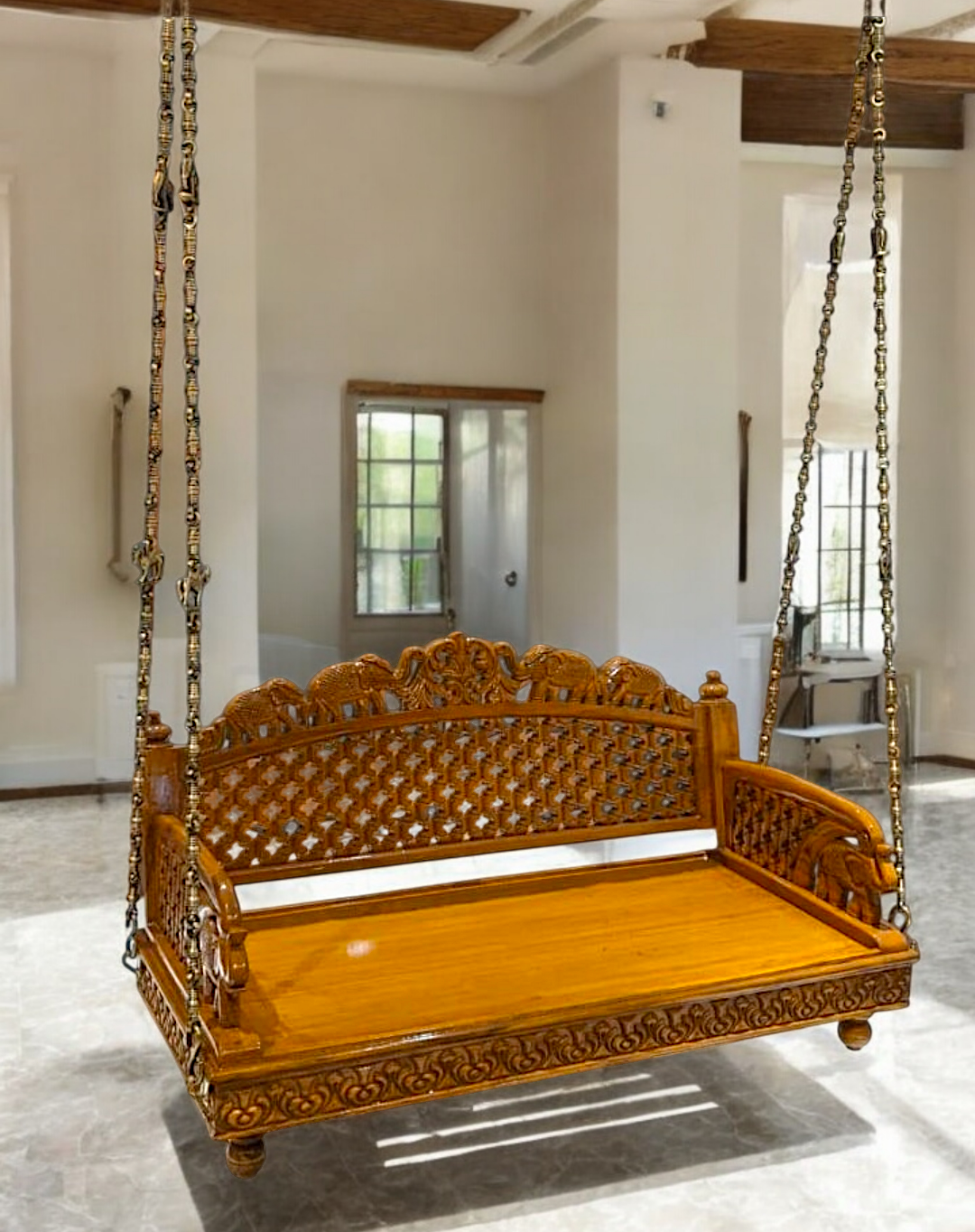 Handcrafted Teakwood Jhula – 4ft Traditional Wooden Swing with 7 feet Brass Chains with Elephant & Peacock Motifs-Nikur Essence Nikuressence