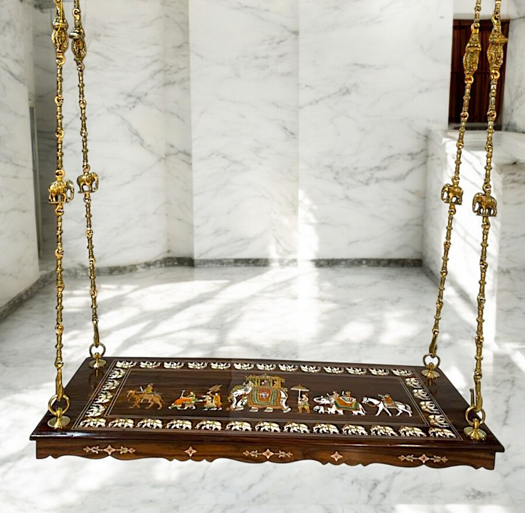 Handcrafted Rosewood Jhoola/oonjal – 5ft Traditional Wooden Swing with 7ft Brass Chains| Nikur Essence Nikuressence