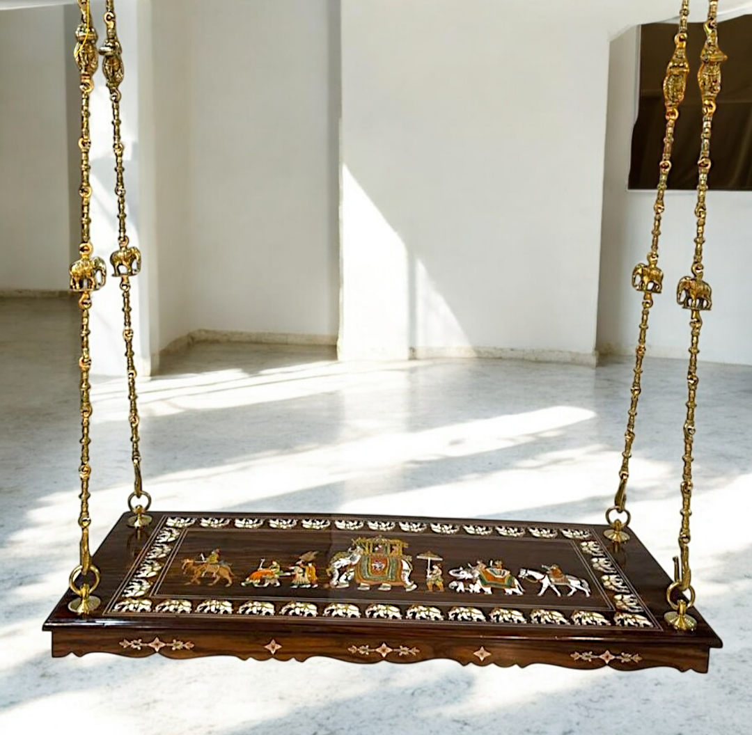 Handcrafted Rosewood Jhoola/oonjal – 5ft Traditional Wooden Swing with 7ft Brass Chains| Nikur Essence Nikuressence