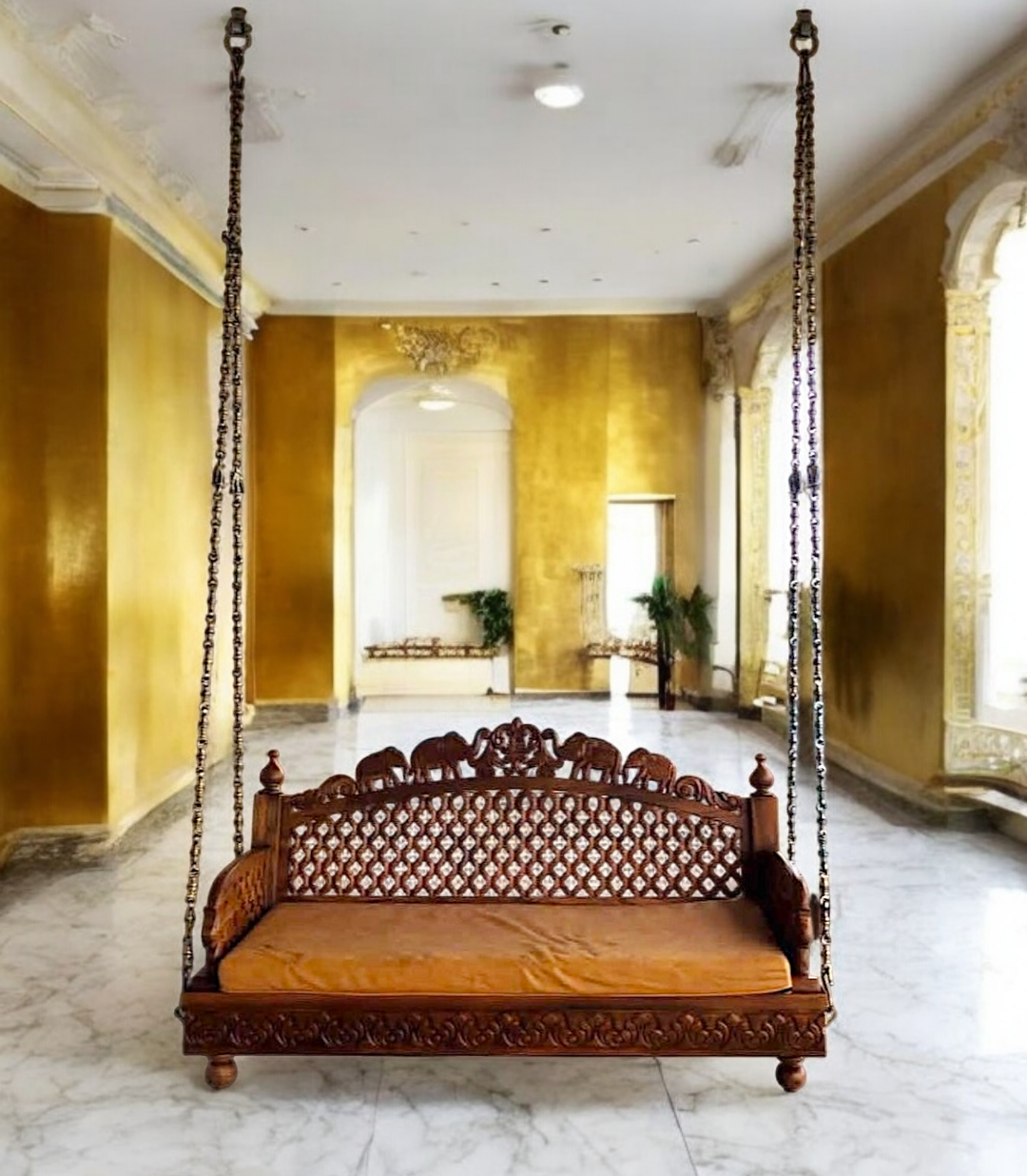 Handcrafted Sagwaan (Teakwood) Swing – 4ft Wooden Jhula with Elephant Carvings & Jaali Work for Home & Balcony Nikuressence