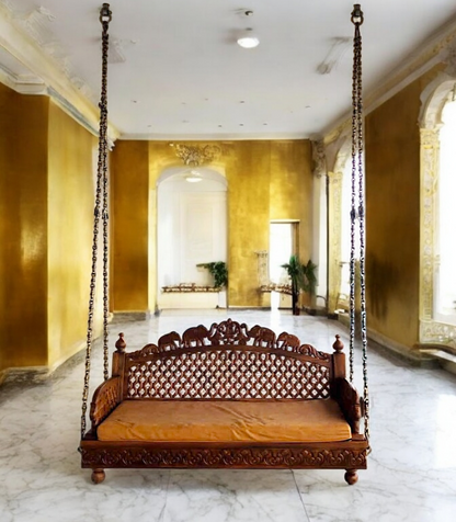 Handcrafted Sagwaan (Teakwood) Swing – 4ft Wooden Jhula with Elephant Carvings & Jaali Work for Home & Balcony Nikuressence