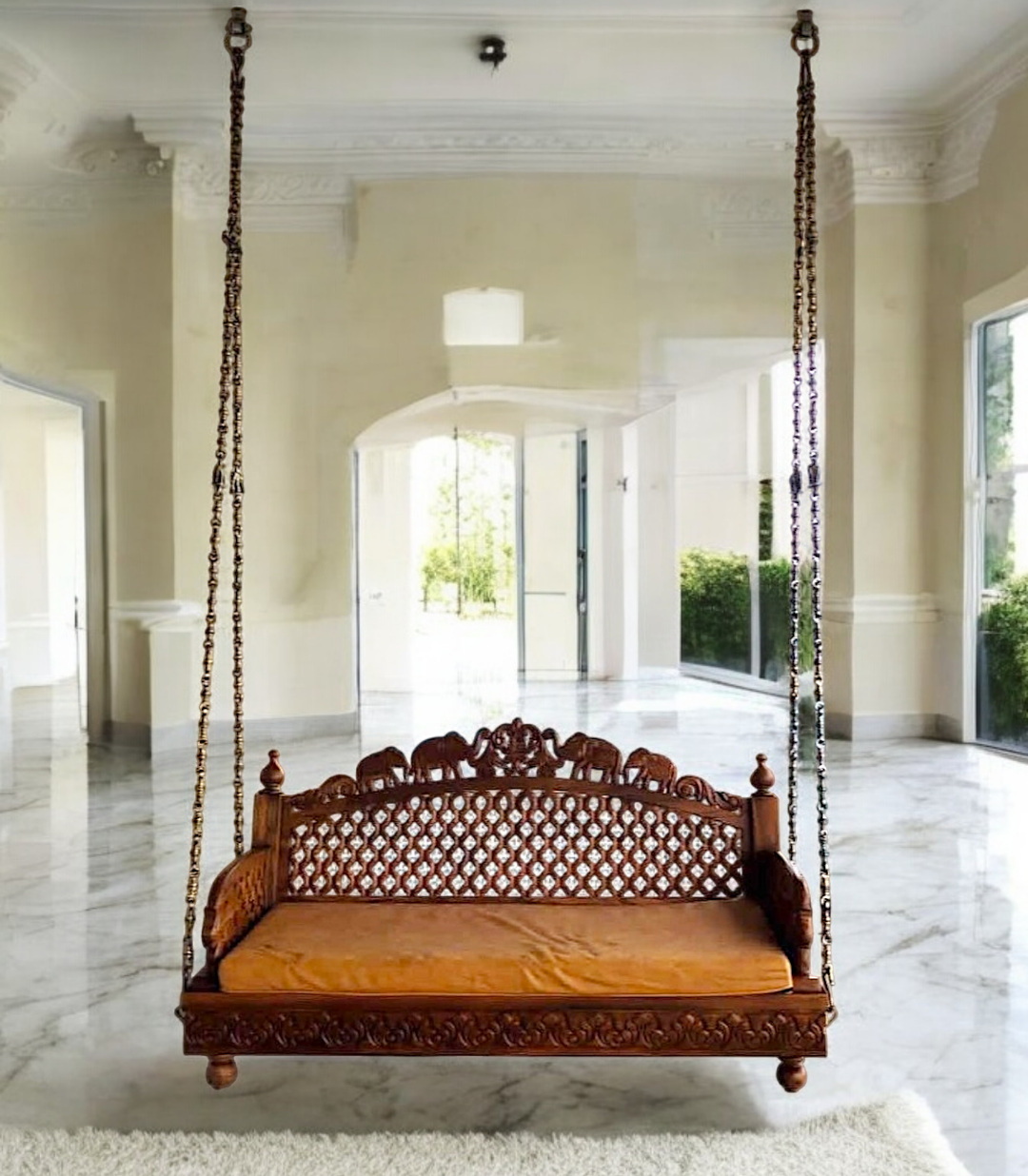 Handcrafted Sagwaan (Teakwood) Swing – 4ft Wooden Jhula with Elephant Carvings & Jaali Work for Home & Balcony Nikuressence