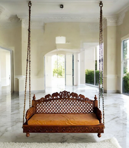 Handcrafted Sagwaan (Teakwood) Swing – 4ft Wooden Jhula with Elephant Carvings & Jaali Work for Home & Balcony Nikuressence