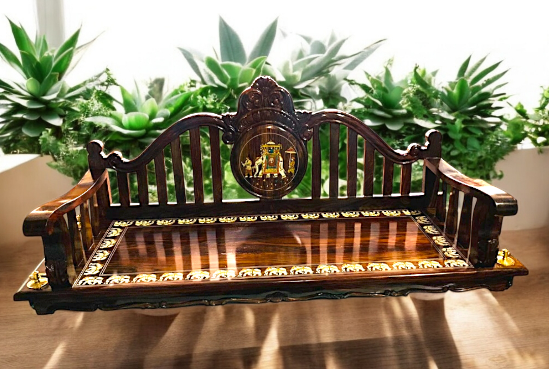 Exquisite Handcrafted Carved Solid Rosewood Oonjal | 5ft Stylish Wooden Swing with 7ft Brass Chains & Royal Procession Inlay Nikuressence