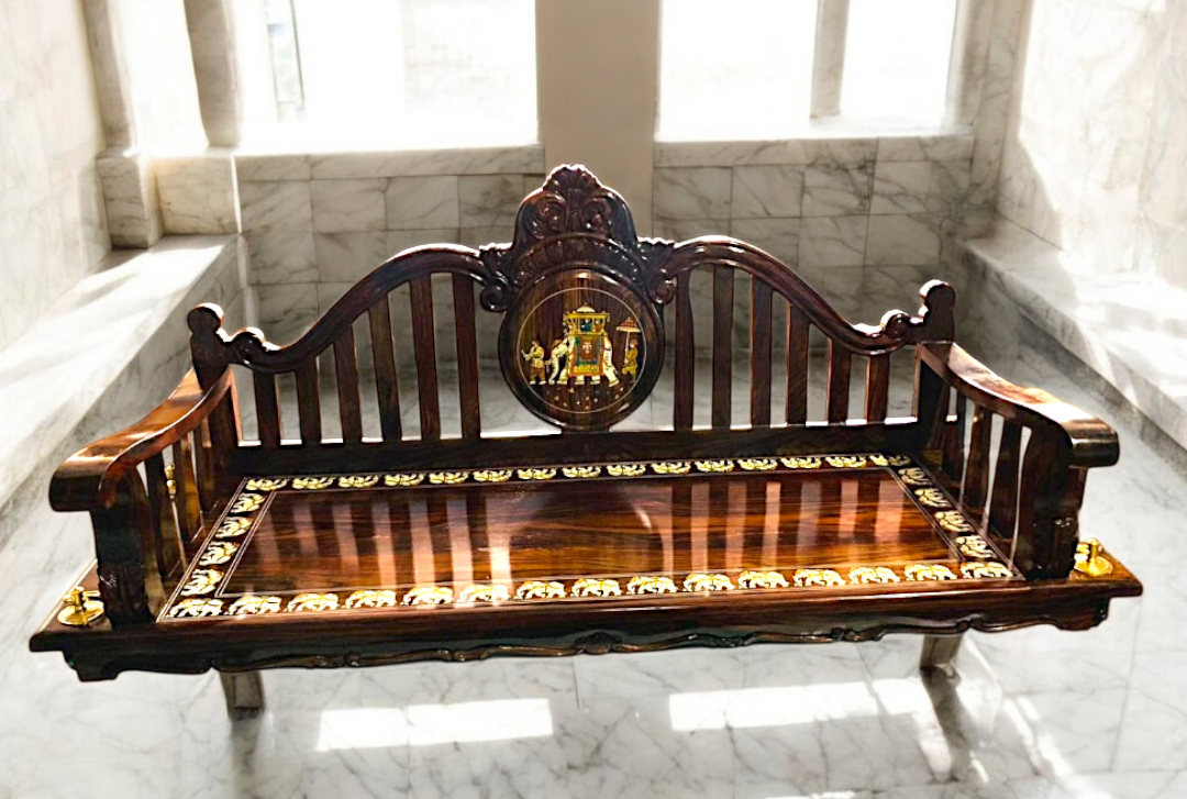 Exquisite Handcrafted Carved Solid Rosewood Oonjal | 5ft Stylish Wooden Swing with 7ft Brass Chains & Royal Procession Inlay Nikuressence