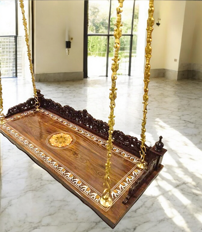 Handcrafted Carved Solid Rosewood Oonjal | 5ft Stylish Wooden Swing (60” x 24” x 6”) with Exquisite Rangoli Inlay & Artistic Carvings Nikuressence