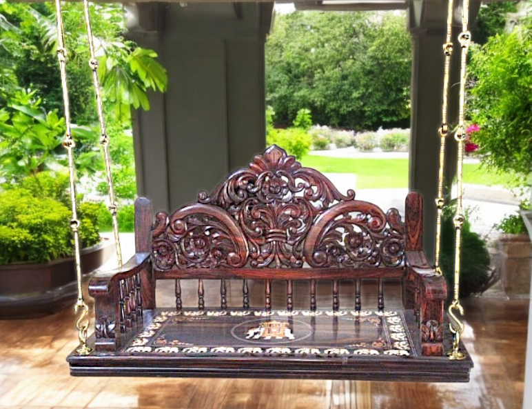 Handcrafted Carved Solid Rosewood Oonjal (Jhula/Swing) – 5ft Stylish & Elegant Traditional Wooden Swing with 7ft Brass Chains & Royal Procession Inlay Nikuressence