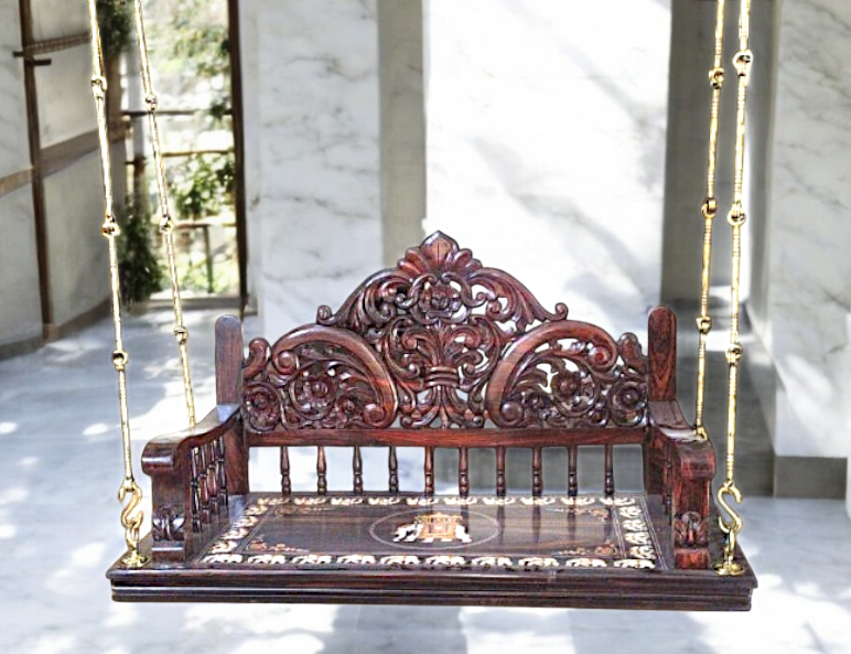 Handcrafted Carved Solid Rosewood Oonjal (Jhula/Swing) – 5ft Stylish & Elegant Traditional Wooden Swing with 7ft Brass Chains & Royal Procession Inlay Nikuressence