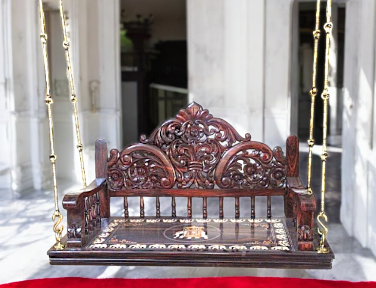 Handcrafted Carved Solid Rosewood Oonjal (Jhula/Swing) – 5ft Stylish & Elegant Traditional Wooden Swing with 7ft Brass Chains & Royal Procession Inlay Nikuressence