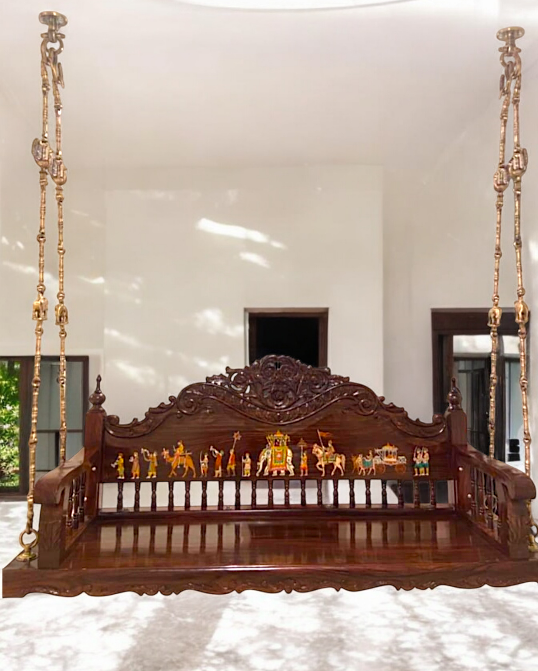 Luxury Handcrafted Wooden Oonjal (Jhula/Swing) – 5ft Royal Swing with 7ft Brass Chains & Intricate Inlay Design Nikuressence