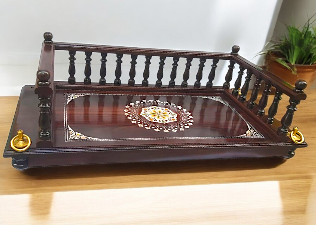 Rosewood Oonjal (Jhula/Swing) – 5ft Traditional Wooden Swing with 7ft Brass Chains & Exquisite Rangoli Inlay Work-Nikur essence Nikuressence