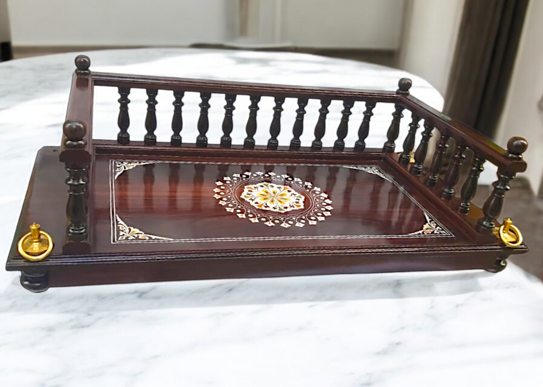 Rosewood Oonjal (Jhula/Swing) – 5ft Traditional Wooden Swing with 7ft Brass Chains & Exquisite Rangoli Inlay Work-Nikur essence Nikuressence