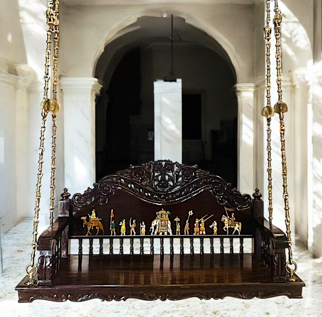 Handcrafted Wooden Oonjal (Jhula/Swing) – 5ft Royal Wooden Swing with Brass Chains & Traditional Inlay Work Nikuressence
