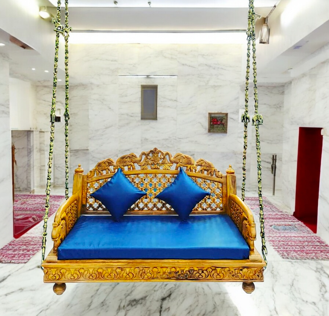 Premium Teak Wood Swing (Sagwan) – Handcrafted Wooden Jhula for Home & Balcony with Brass Chains, Elegant & Durable Design Nikuressence