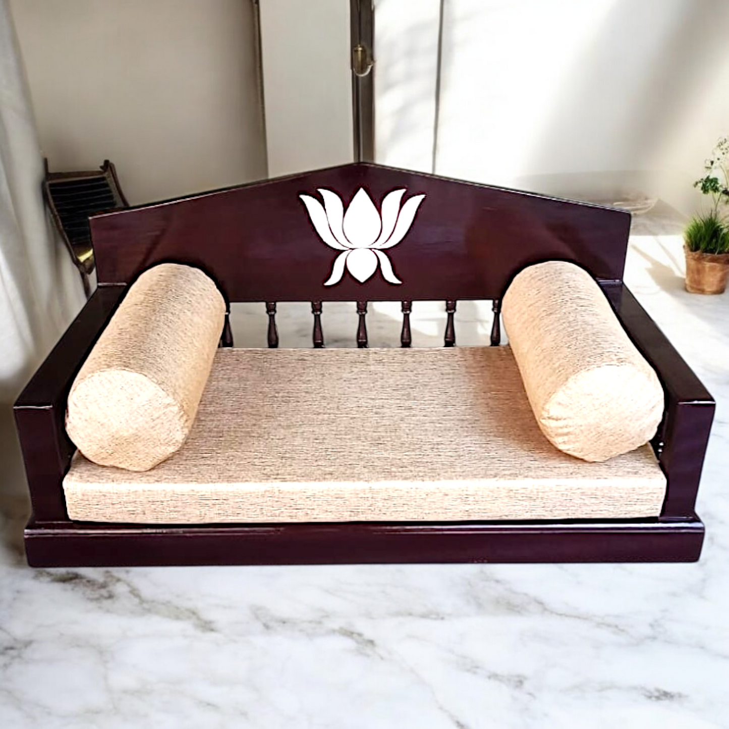 Handcrafted Rosewood Swing (Oonjal/Jhula) – 5ft x 2ft with Lotus Inlay, 7ft Brass Chains, 4 Elephants & 4 Peacocks Nikuressence